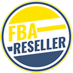 Circular logo with the words "FBA RESELLER" in yellow and blue on a white background, divided by yellow and blue color blocks.