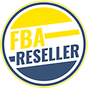 Circular logo with the text "FBA RESELLER" in bold yellow and blue letters, divided by two horizontal yellow lines on a white background.