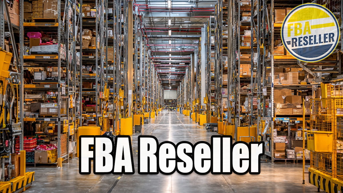 FBA Reseller Warehouse interior with tall shelves filled with boxes and products, reflecting the busy world of an FBA Reseller; "FBA Reseller" text is boldly overlaid, accompanied by a round logo in the upper right corner.